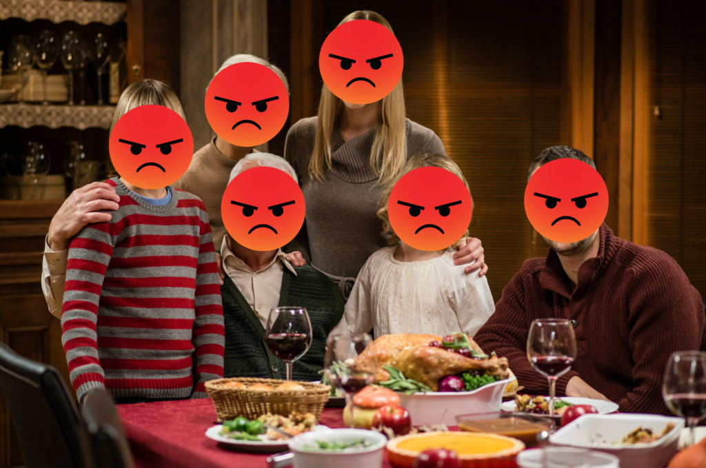 family with face covered by mad faces